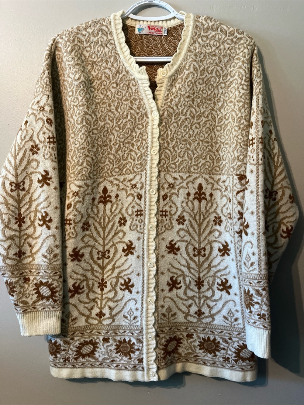 Women’s Volga Brown Cream Vintage Button Up Sweater Cardigan XL Cottage Grandma